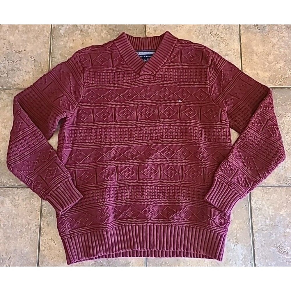 Tommy Hilfiger Cable Sweater Mens XXL Burgundy Long Sleeve V Neck 100 Cotton VTG